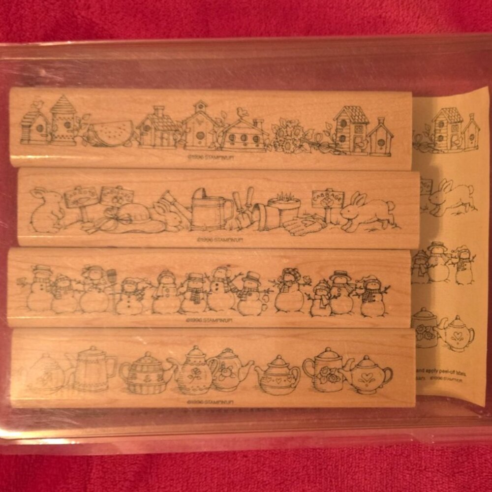 Stampin UP! Best Borders 4 Stamp Set 1996 Snowmen Garden Teapot Birdhouses VTG